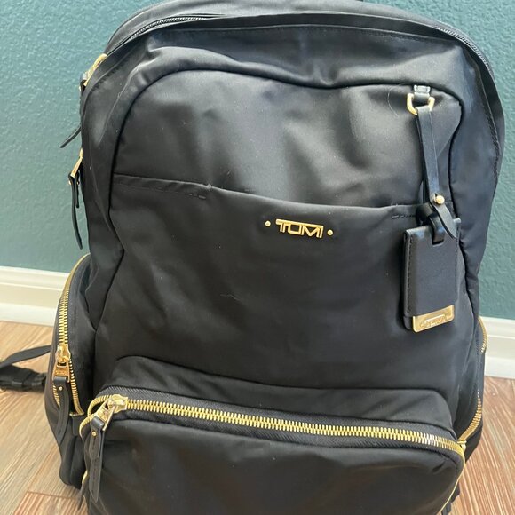 Tumi Voyageur Calais black nylon gold accents backpack - Picture 2 of 5